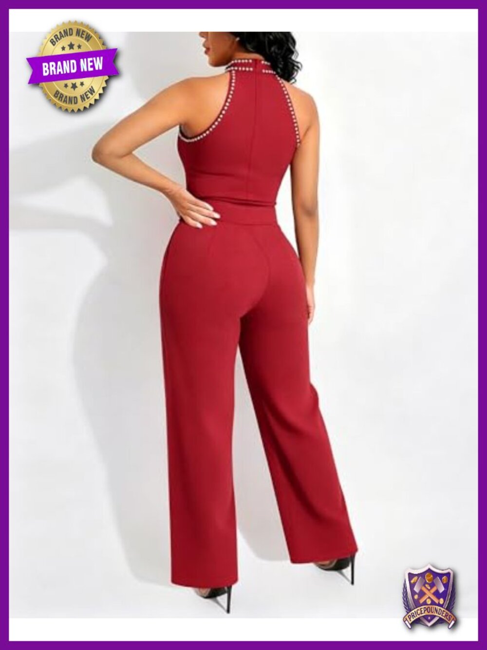 Halter Jumpsuit Elegant Rhinestone Sleeveless Wide Leg Romper with Belt Dressy - Picture 4 of 6